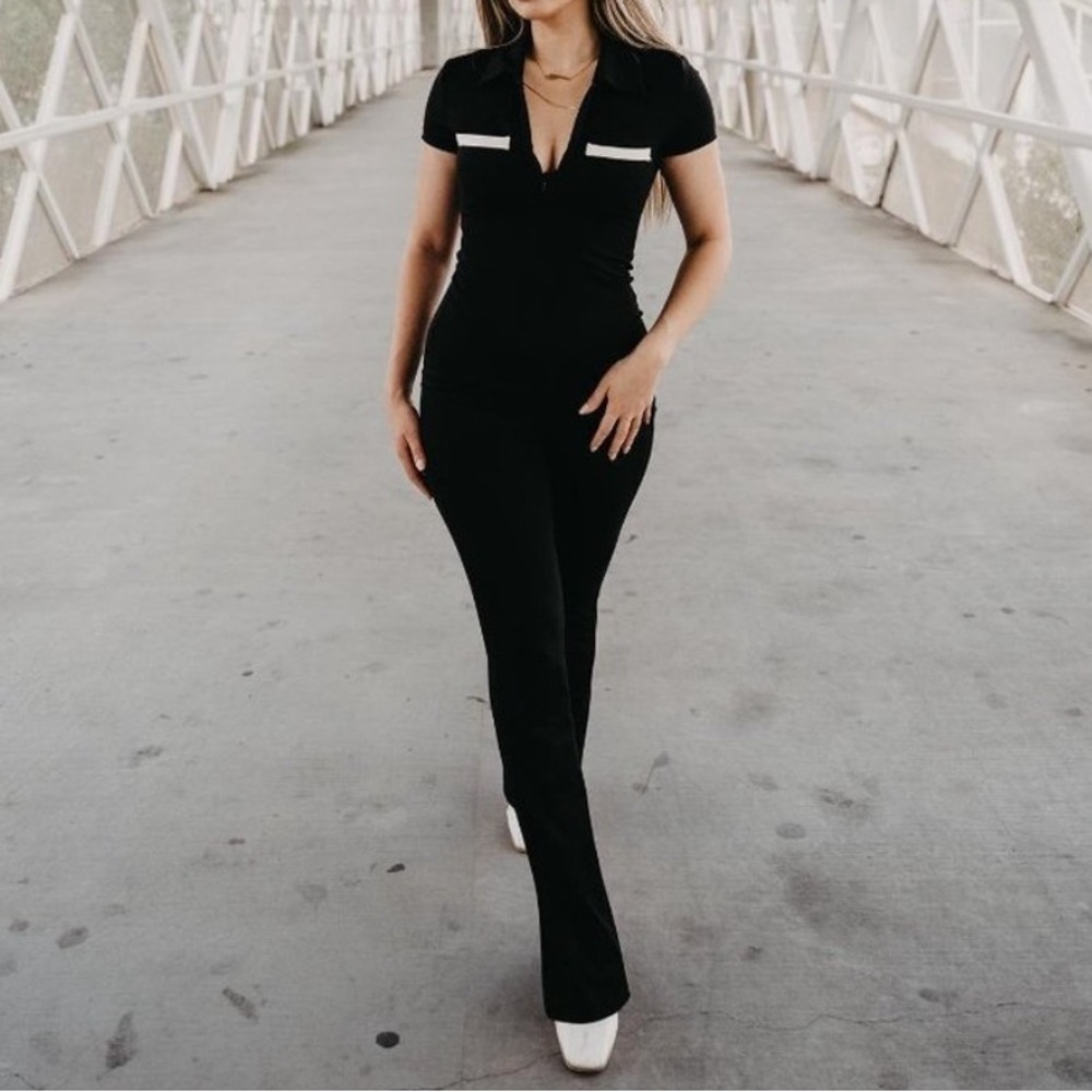 Edikted Carmin Contrast Pocket Collar Fitted Jumpsuit S Black